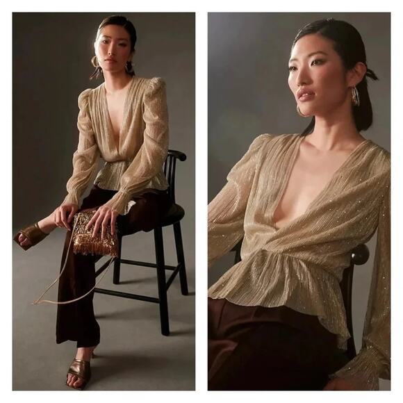 Sabina Musayev Tops - Sabina Musayev Liya Revolve Gold Sparkly Sheer V Neck Blouse Top Size Medium